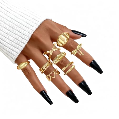 FAXHION 12PCS Gold Stackable Rings Set for Women, 18K Gold Plated Open Stacking Knuckle Ring, Adjustable Chunky Signet Band Statement Ring for Gift - color: 0-Gold Open