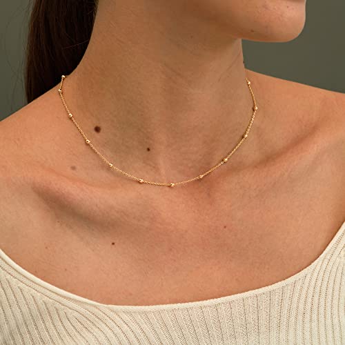 CHESKY 14K Gold Plated Silver Dainty Satellite Choker Necklace for Women | Layered Beaded Chain Necklace, Thin Choker Jewelry, Dainty Gold necklace, Minimalist Trendy Jewelry, Daily Gift for Women - style: Beaded+Gold