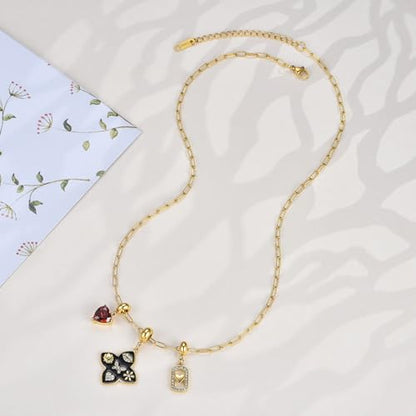 NUZON Multi-Charm Necklace for Women, 18K Gold Plated Stainless Steel Lucky Clover & Daisy Heart Pendant Necklace, NON Tarnish Sliding Charm Necklace Layering Jewelry, Meaningful Gift for Her 18’’ - color: Lucky Clover