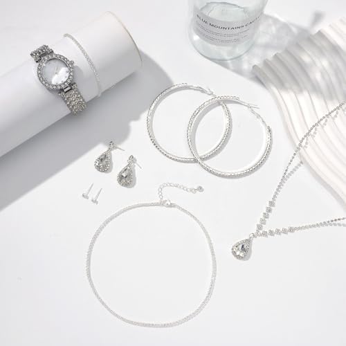 NEWITIN 13 Pieces Silver Jewelry Set for Women Stainless Steel Cuban Link Necklaces Bracelets Earrings Watch Ring Bling Cubic Zirconia Cuban Jewelry Set for Women Men - color: Silver Jewelry Set B