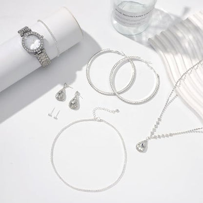 NEWITIN 13 Pieces Silver Jewelry Set for Women Stainless Steel Cuban Link Necklaces Bracelets Earrings Watch Ring Bling Cubic Zirconia Cuban Jewelry Set for Women Men - color: Silver Jewelry Set B