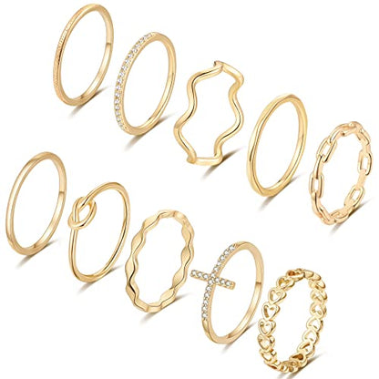 ZOERAY Gold Silver Stackable Rings for Women Non Tarnish CZ Ring Set | 10PCS 14K Gold Plated, Dainty Stacking Band Rings, Cross Wave Paperclip Knot Knuckle Thumb Ring, Jewelry Gifts, Size 4-11 - color: Gold