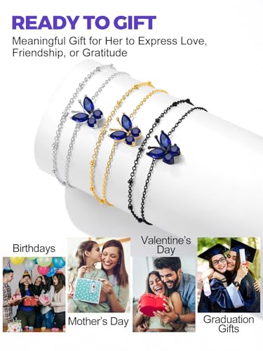 Richsteel Double Layer Heart/Butterfly Birthstone Anklet for Women | Non Tarnish Waterproof, Silver/Gold/Black Stainless Steel 8.5-10.5 Inch Adjustable Chain Anklets Summer Beach Foot Jewelry - color: Black Butterfly-09 Sep.(Sapphire)