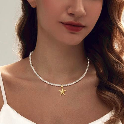 Zeffy Pearl Necklace 4MM/6MM/8MM Dainty Round Imitation Pearl Choker Necklace Wedding Pearl Necklace Delicate Jewelry for Women Simple Bridesmaid Jewelry Gifts - style: 4mm Gold Starfish Pearl Necklace(16"+2")