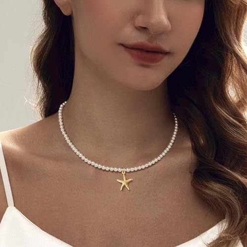 Zeffy Pearl Necklace 4MM/6MM/8MM Dainty Round Imitation Pearl Choker Necklace Wedding Pearl Necklace Delicate Jewelry for Women Simple Bridesmaid Jewelry Gifts - style: 4mm Gold Starfish Pearl Necklace(16"+2")