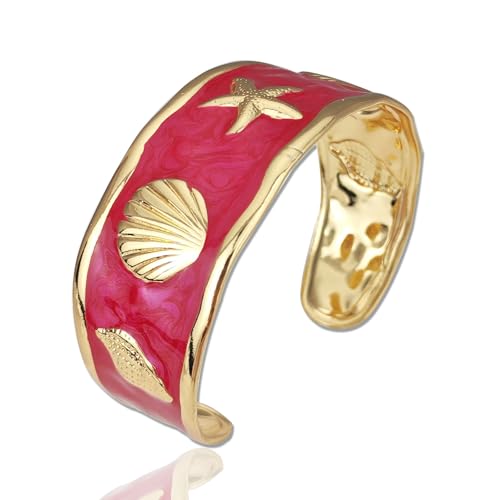 YBMYCM Chunky Shell Cuff Bracelet for Women, Hammered Boho Open Bangle | Adjustable Irregular Wide Bracelets Jewelry Gifts for Women, Perfect for Daily Wear - color: Red