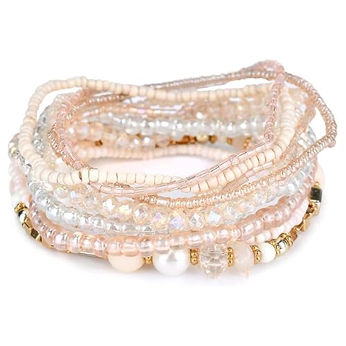 Bohemian Colorful Crystal Glass Beads Seed Beaded Bracelet Handmade Adjustable Stackable Elastic Strand Bangle for Women Summer Beach Hawaii Boho Wristbands Jewelry - color: beige