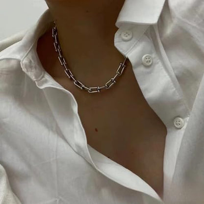 BG&WLing 18K Gold Plated Paperclip Necklace for Women Chunky Stainless Steel Link Chain Necklace Gold Statement Choker Classic Jewelry Gift - color: Silver