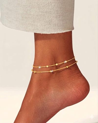 Warshion Ankle Bracelets for Women - 14K Gold Plated Waterproof Gold Anklet Delicate Chain Women's Anklets Summer Beach Pearl Jewelry Layering Gift Non Tarnish - style: ANKLETS-C