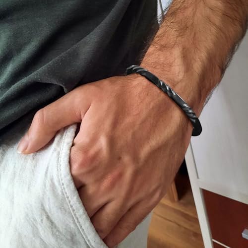 Hisatan Stainless Steel Mens Cuff Bracelet, Minimal Twist Cool Antique Retro/Silver/Black Open Metal Cuff Bangle Bracelets for Men, 65/70mm - color: Black