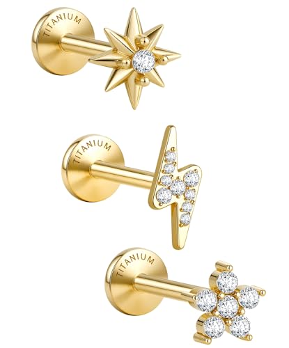 3 Pcs G23 Implant Grade Titanium Flat Back Earrings for Women Men | Hypoallergenic Internally Threaded 5A CZ Gold Flatback Stud, Tragus, Cartilage, Conch Piercing Jewelry for Sensitive Ears 18G - color: Gold 1