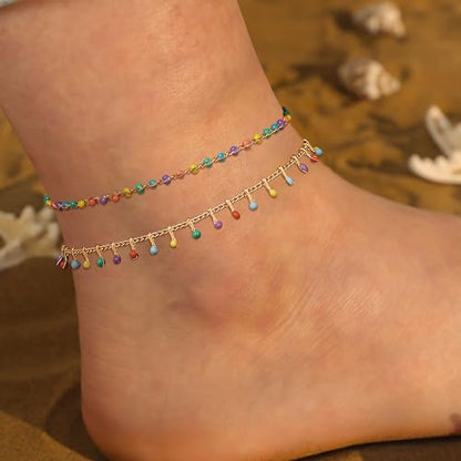 Gold Anklets for Women 14K Gold Plated Tiny Bead Anklet Colorful Tassel Foot Chain Dainty Adjustable Cute Summer Beach Boho Anklets Jewelry Gift - color: colorful tassel
