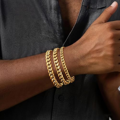 Fiusem Cuban link Mens Bracelet | 5mm/7mm/8mm Width, 7.1"/7.5"/7.9" Length Stainless Steel Bracelets for Men - color: 7mm width-gold, size: 7.9 inches