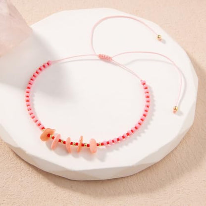 KELITCH Women Natural Stone Beads Anklet Boho Color Beaded Ankle Adjustable Foot Chain Jewelry for Summer Beach Holiday - color: Pink 08B