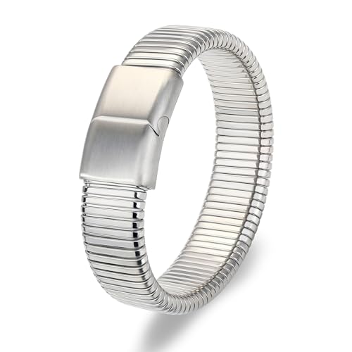 Gold Chunky Stretch Snake Chain Bangle Bracelets Stack for Women Trendy, 18K Gold Filled Stainless Steel Stretchy Womens Stackable Wristband Bangles Bracelet Set - style: 1PC SILVER 16MM