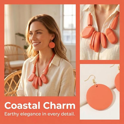 Coiris Chunky Statement Necklace and Earring Sets for Women Boho Wooden Necklaces Earrings Jewelry Set for Women - color: Orange