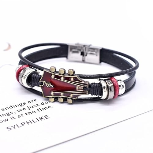 Angyape Retro Faux Leather Guitar Bracelet, Zinc Alloy Rock Music Guitar Leather Bracelet Punk Handmade Braided Multi-Layer Wrap Guitar Shape Decorative Cuff Bracelet Musical Enthusiast Gift - color: Black&Red