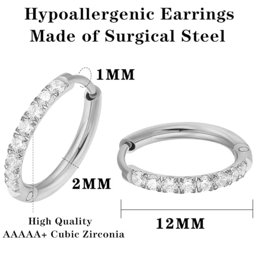 316L Surgical Steel Huggie Hoop Earrings | Dainty Pave Cubic Zirconia Cartilage Tiny Earring for Sensitive Ears Hypoallergenic Lightweight for Women Men - style: Silver,20G*12mm