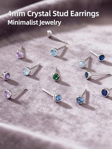 Neshat Tiny Birthstone Earrings for Women, 925 Sterling Silver Bezel Crystal Stud Earrings, 4mm Minimalist Sapphire/Amethyst/Aquamarine/Emerald Earrings Studs - style: 02. February-Created Amethyst