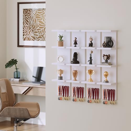 LitaEther 4 Tier White Lack Shelf Vanity Wall Shelf with 10 Crystal Hooks - Multi-Functional Storage for Makeup, Jewelry, Plants, Awards & Display (L7.1 x W5.5 x H30.7) (1)