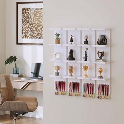 LitaEther 4 Tier White Lack Shelf Vanity Wall Shelf with 10 Crystal Hooks - Multi-Functional Storage for Makeup, Jewelry, Plants, Awards & Display (L7.1 x W5.5 x H30.7) (1)