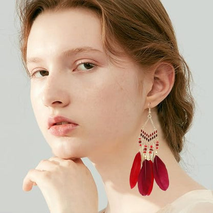 Faux Feather Fringe Tassel Long Dangle Earrings for Women | Bohemian Women Tassel Drop Jewelry - color: dark red