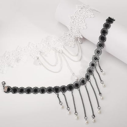 Lace Choker Necklace for Women Gothic Pearl Pendant Necklace Halloween Cosplay Jewelry - color: White Drop