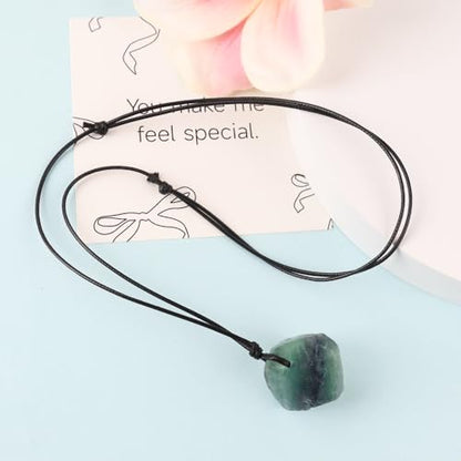 Natural Raw Crystal Necklace for Women Irregular Stone Necklaces Spiritual Gemstone Pendant with Adjustable Rope - color: A-Fluorite