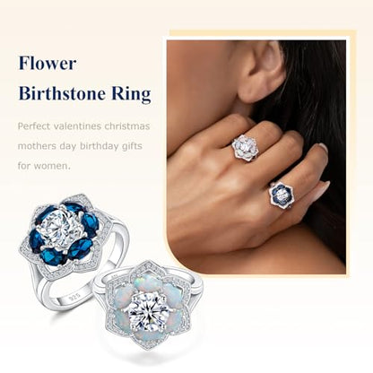 Flower Cocktail Ring for Women Stone Engagement Anniversary Rings | Sterling Silve|Hypoallergenic|Ruby|Sapphire|Emerald|Wedding and Birthday Party Women Statement Ring|Mother and Grandma Gift - color: London Blue Topaz (Dec.)