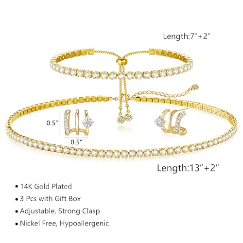 HAXIYA Tennis Necklace Bracelet for Women, Sterling Sliver Jewelry Set, Silver/Gold Chocker Necklace, Crystal Bracelet for Women, Wedding Jewelry for Bride, Sparkly Party Prom Hypoallergenic - color: Hoop Set of 3 - Gold