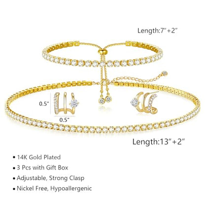 HAXIYA Tennis Necklace Bracelet for Women, Sterling Sliver Jewelry Set, Silver/Gold Chocker Necklace, Crystal Bracelet for Women, Wedding Jewelry for Bride, Sparkly Party Prom Hypoallergenic - color: Hoop Set of 3 - Gold