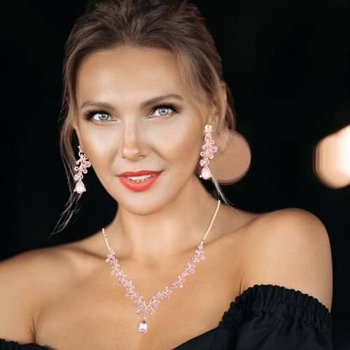 Rhinestone Wedding Jewelry Sets for Bridal Women Crystal Necklace Bracelet Earrings Set Prom Jewelry Set for Brides - color: Pink Gold
