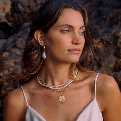 18k Gold Plated Chain Link Necklace for Women, Baroque Pearl/Compass Pendant Necklace - color: Clover