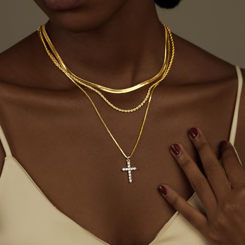 Poxtex Cross Necklace for Women Teen Girls, Dainty 14K Gold Silver Plated Cross Choker Jewelry Non Tarnish Waterproof Cute Simple Small Necklace Christian Baptism Religious Faith Jewelry Gifts - color: 09 Layered cross necklace-gold
