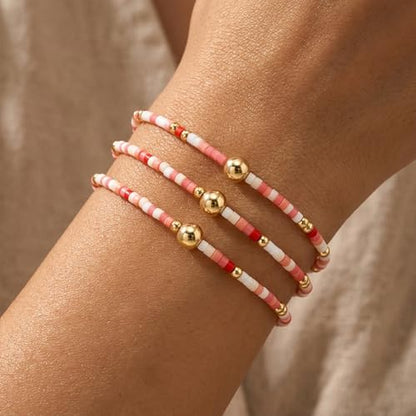 Dainty Gold Plated Tiny Ball Colorful Beaded Stack Bracelets Sets for Women,3Pcs Stackable Cute Bracelet Stretch Trendy Ball Jewelry Friendship Gift - color: peach-pink