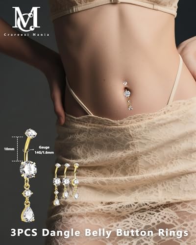 Belly Button Rings Pack 14G Belly Piercing Jewelry 316L Stainless Steel Belly Rings for Women 3PCS Navel Piercing Jewelry - color: Gold