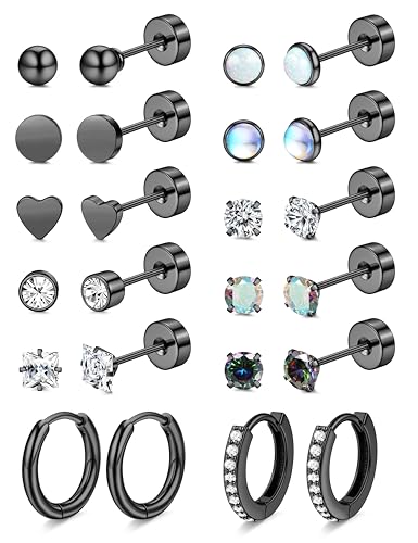 LOLIAS Hypoallergenic Flat Back Earrings for Women-Surgical Steel Earrings for Sensitive Ears 20G Stainless Steel Earring Stacks Small Flatback Stud Hoop Cartilage Earring - color: Black