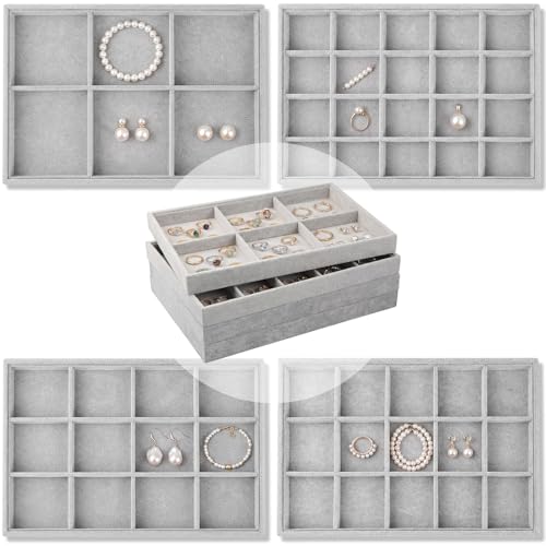 Unittype Set of 4 Stackable Jewelry Organizer Tray for Drawer Inserts Velvet Necklace Earring Bracelet Ring Holder Jewelry Display Storage Box for Bangle Stud Necklace Ring(6/12/15/24 Grid,Gray) - color: Gray, style: 6/12/15/24 Grid