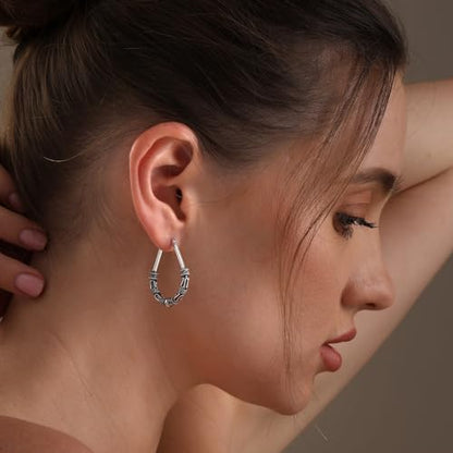 LeCalla 925 Sterling Silver Hoop Earrings for Women | Italian Design Classic Diamond-Cut Textured Hoops Earring | Women's Oval Drop Shape Silver Earring Jewelry - color: Bohemian Tribal Bali