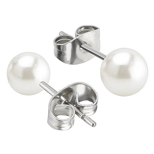 Jewelrieshop Faux Pearl Stud Earrings 5 Pairs, Stainless Steel Hypoallergenic Starter Set for Women - color: White