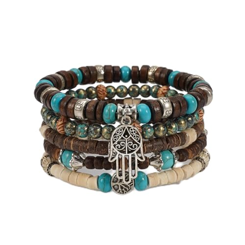 Boho Wooden Beads Bracelets Bohemian Bracelet Stack for Men Women Wood Beaded Bracelet Set - color: E
