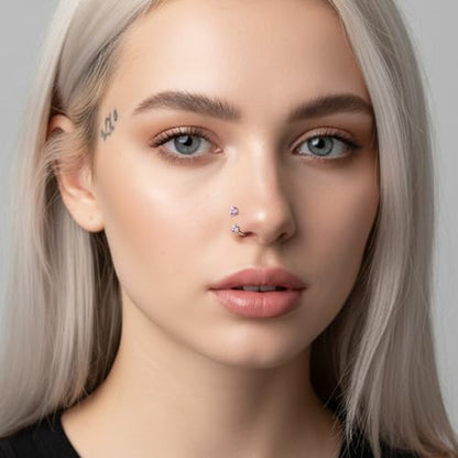 G23 Titanium Horseshoe Nose Ring 20G, 2 Pcs Double Gem Nose Ring for Women, 6mm 7mm 8mm Hypoallergenic Horseshoe Nose Rings Helix Tragus Earring Hoops Labret Lip Piercing Jewelry Small Septum Rings - color: 20G-8mm-2Pcs-Silver-White & Pink CZ