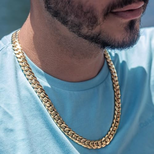 CG&KYGG 12MM 14K Gold Plated Cuban Link Bracelet for Men, Chunky 316L Stainless Steel Chain Necklace for Women, Gift for Birthday & Holiday(Delicate Package, Double Safety Clasp with 14K Stamp) - style: 12mm 14k gold necklace