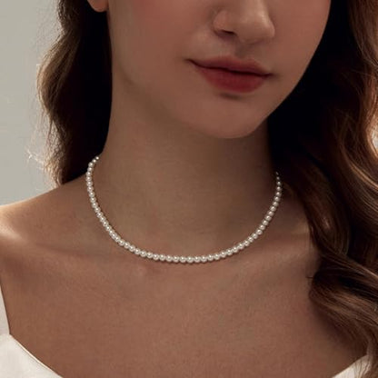 Zeffy Pearl Necklace 4MM/6MM/8MM Dainty Round Imitation Pearl Choker Necklace Wedding Pearl Necklace Delicate Jewelry for Women Simple Bridesmaid Jewelry Gifts - style: 4mm Gold Pearl Necklace(14"+2")