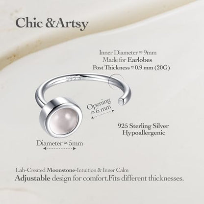 CHIC & ARTSY 925 Sterling Silver Half Hoop Earrings for Women, Dainty Huggie Hoops with Synthetic Opal, Moonstone, CZ & Gemstones, Lightweight Comfort Fit Everyday Elegant Jewelry - color: Moonstone/Silver