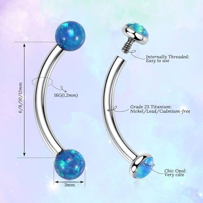 G23 Titanium Eyebrow Piercing Jewelry Eyebrow Rings Curved Barbell 16G Eyebrow Belly Button Ring Navel Rings Rook Daith Earrings Lip Ring Eyebrow Jewelry 6mm-12mm - color: 2PCS,Ball Shape Blue Opal+Disc Shape Blue Opal,Silver