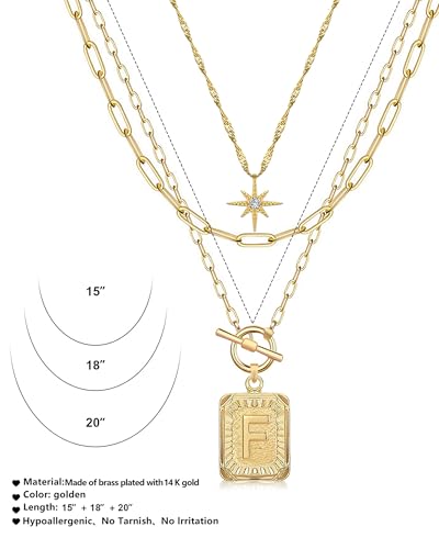 MJartoria Layered Initial Necklaces for Women | 14K Gold Plated Brass, Star Choker, Square Letter Pendant, Paperclip Chain - color: Gold, style: F