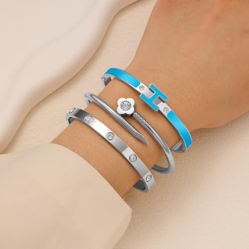 3Pcs Gold Bracelets for Women 14K Gold Plated Love/H/Nail Bangle Bracelet Dainty Non Tarnish Bracelet Jewelry Christmas Mothers Day Gifts for Women - color: 3Pcs Silver/Blue H bracelet