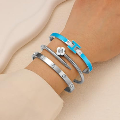 3Pcs Gold Bracelets for Women 14K Gold Plated Love/H/Nail Bangle Bracelet Dainty Non Tarnish Bracelet Jewelry Christmas Mothers Day Gifts for Women - color: 3Pcs Silver/Blue H bracelet