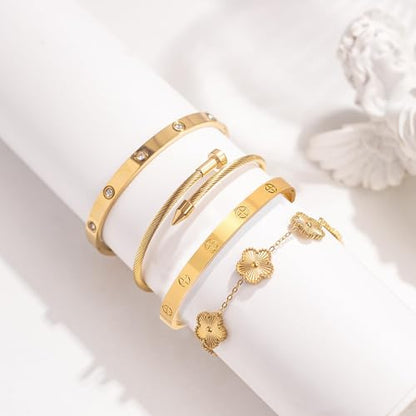 Womens Stackable Floral Gold Bracelets - 4Pcs 18K Gold Plated Bracelet,Stainless Steel Bangle Bracelets Non Tarnish, Gold Bracelet Set Trendy Jewelry,Christmas Valentines Birthday Gifts for Girlfriend - color: Bracelets Stack 4Sets (Floral Gold Bracelets,